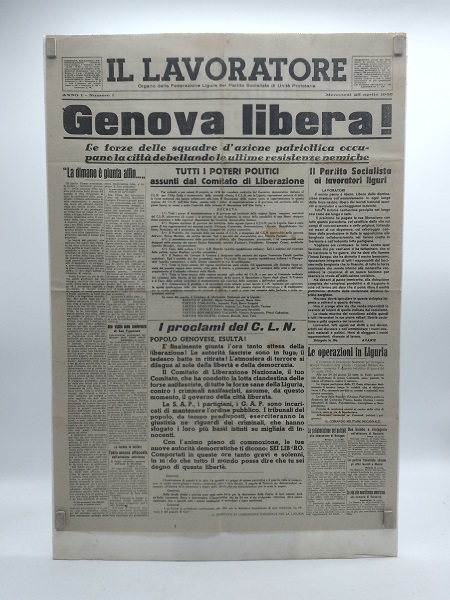 Il Lavoratore. Organo della federazione ligure del Partito Socialista di Unità Proletaria. Anno I. Numero 1. Mercoledì 25 aprile 1945